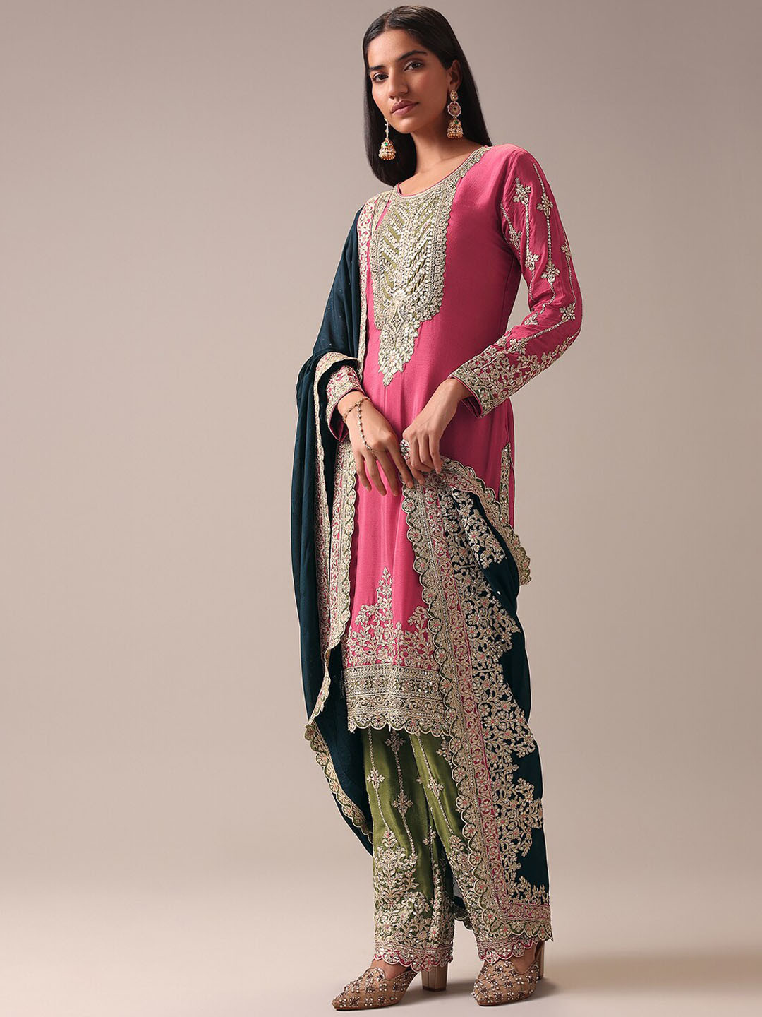 

KALKI Fashion Ethnic Motifs Embroidered Kurta With Trousers & Dupatta, Pink