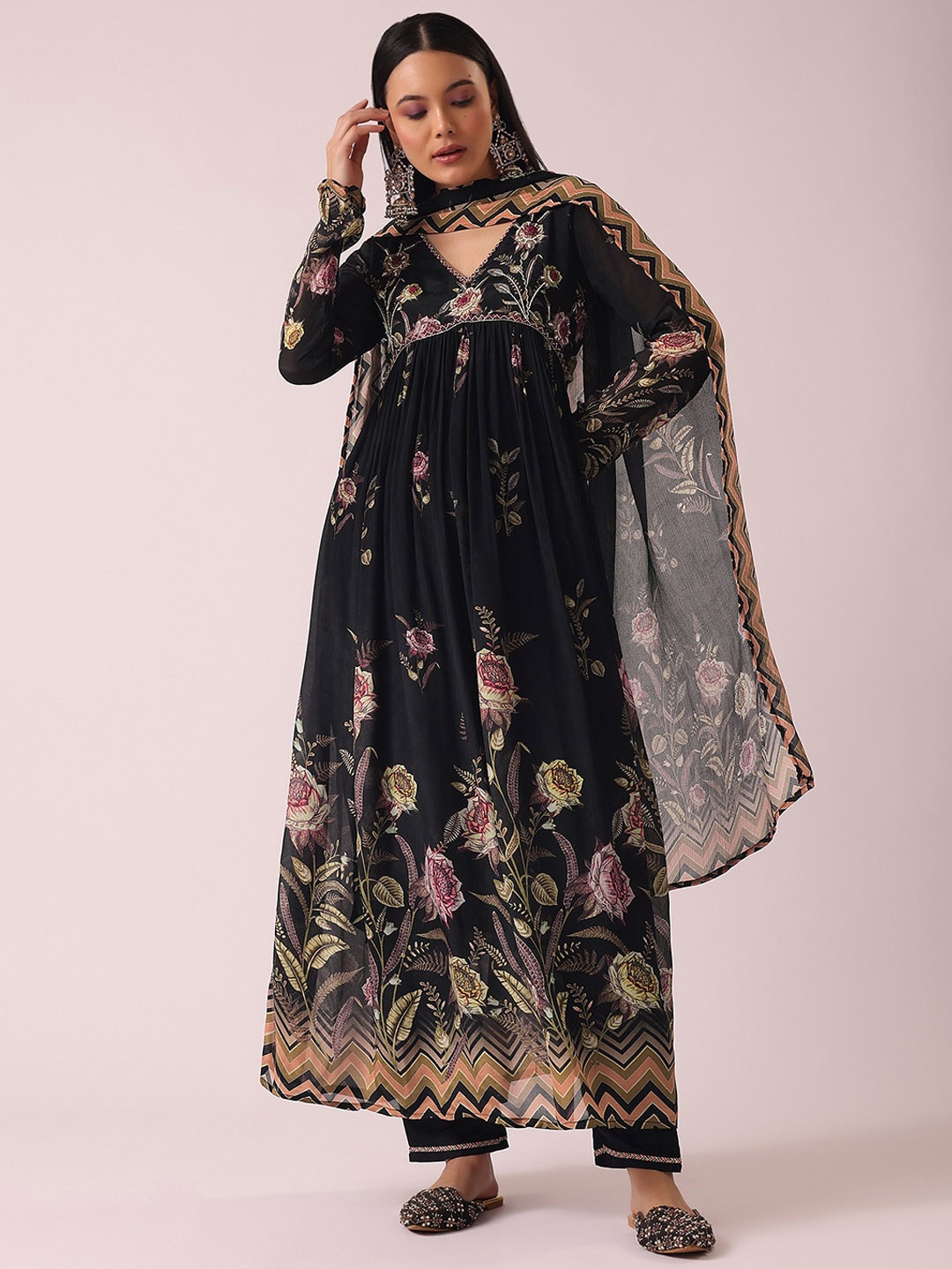 

KALKI Fashion Floral Printed Empire Kurti With Trousers & Dupatta, Black