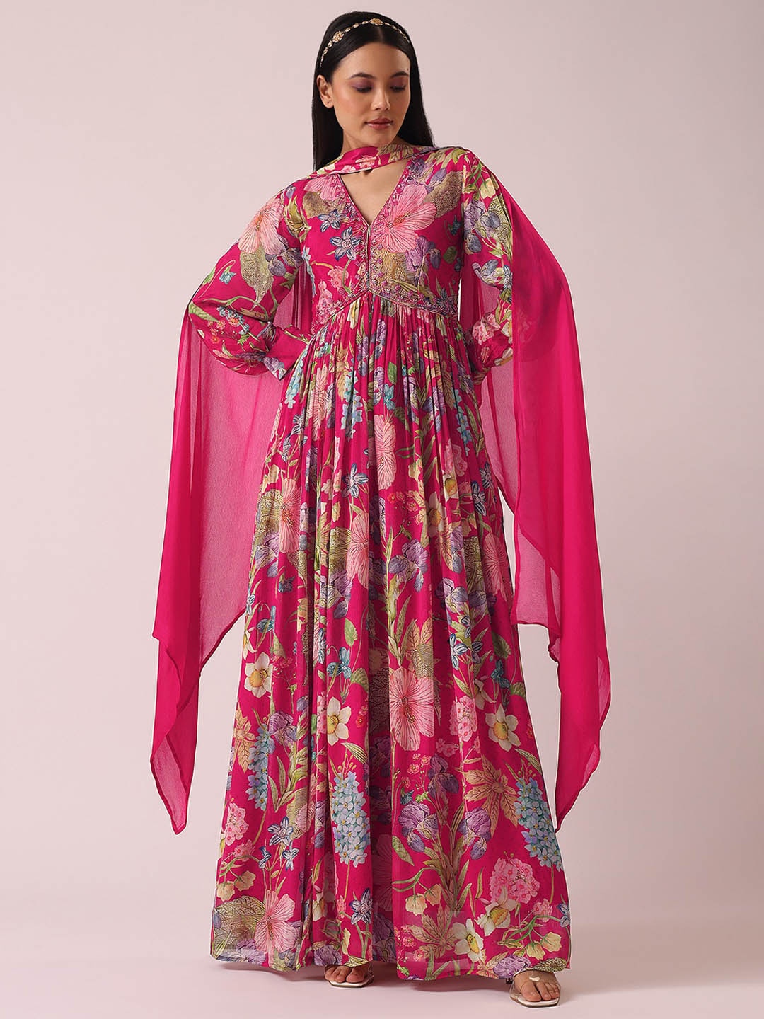 

KALKI Fashion Floral Printed Chinon Empire Maxi Dress with Dupatta, Pink