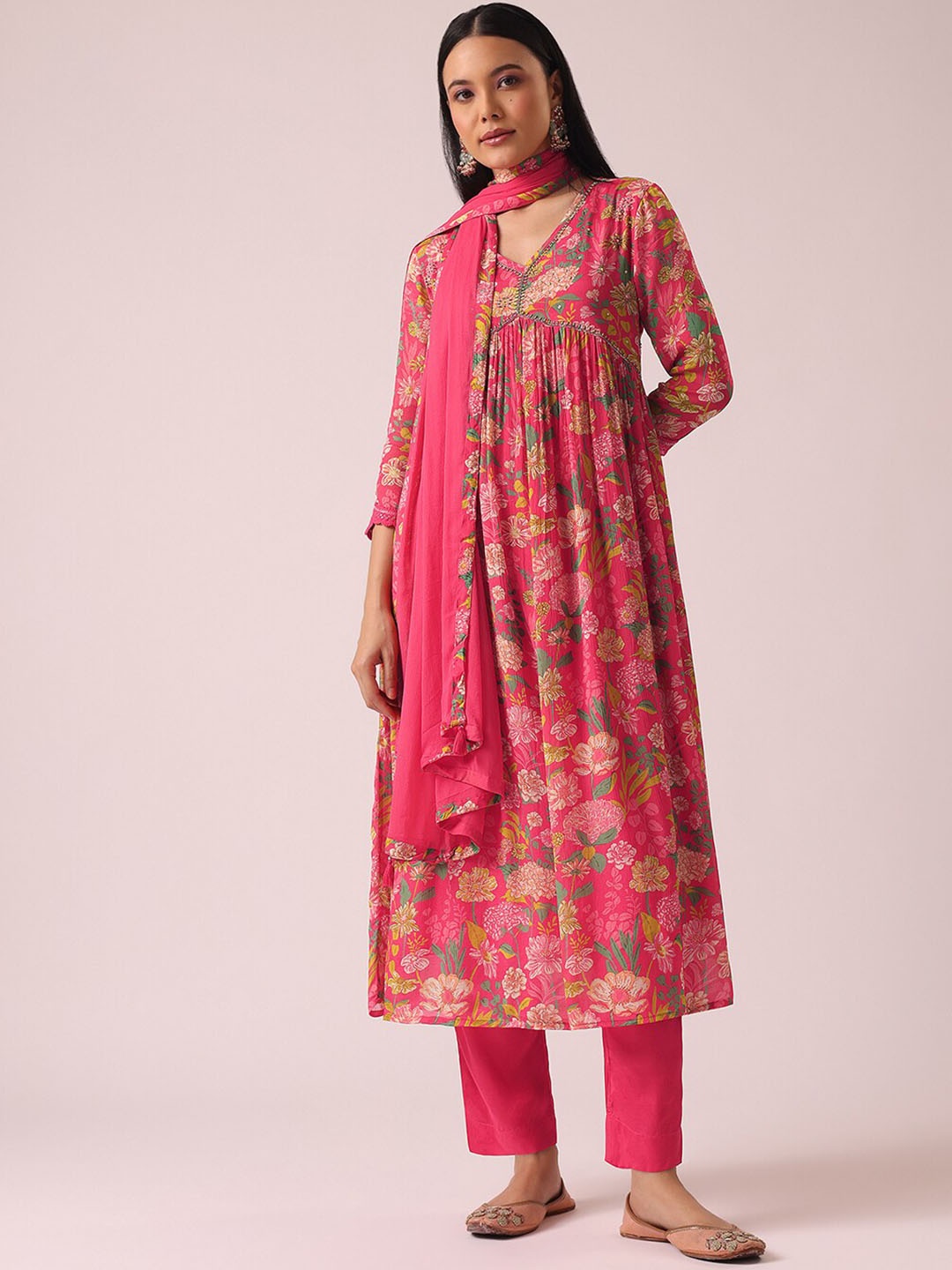 

KALKI Fashion Floral Printed Empire Empire Kurta With Trousers & Dupatta, Pink
