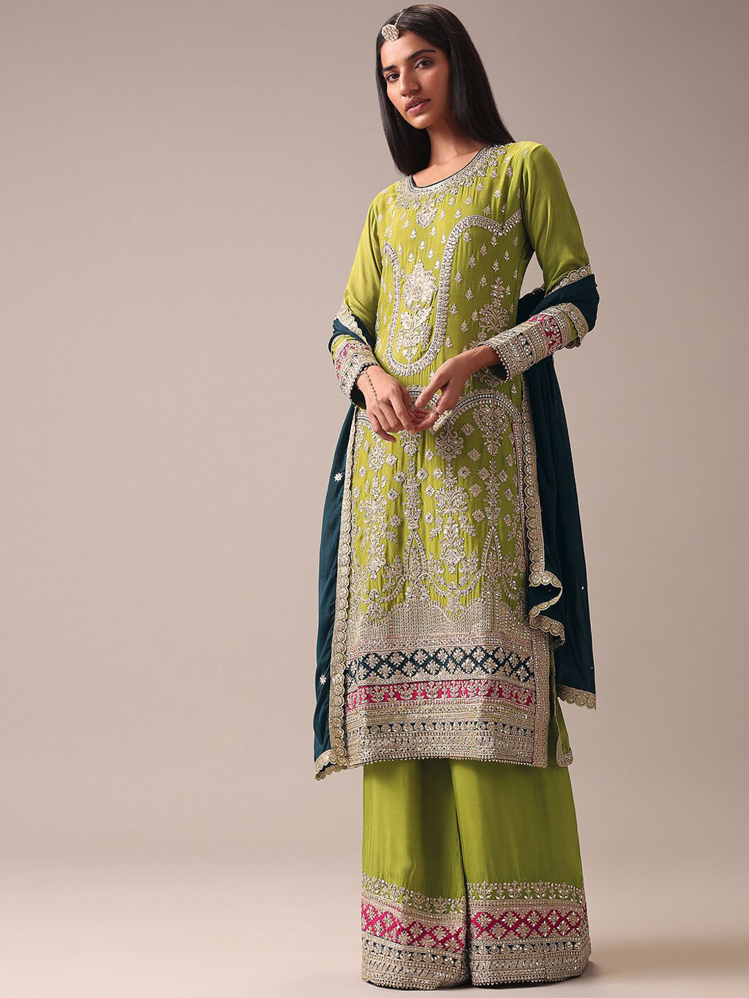 

KALKI Fashion Ethnic Motifs Embroidered Kurta With Palazzos & Dupatta, Green