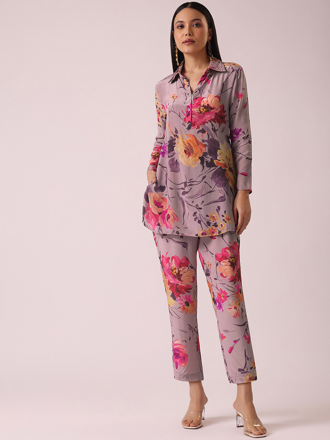 

KALKI Fashion Floral Printed Shirt Collar Tunic With Trouser, Purple