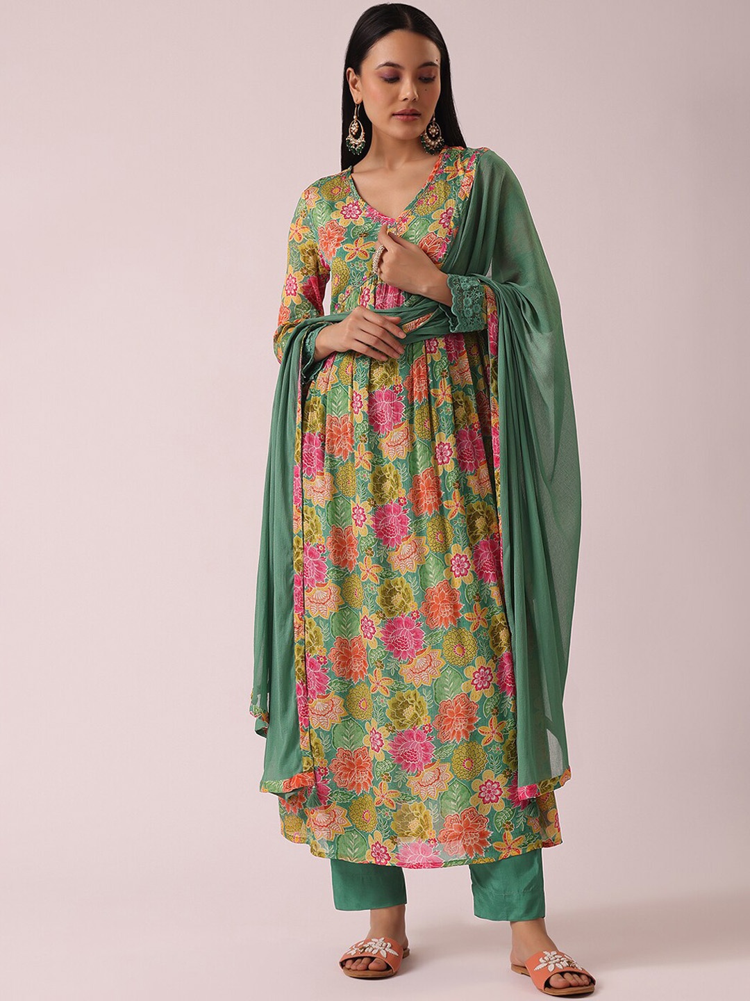 

KALKI Fashion Floral Printed Empire Sequinned Kurta With Trousers & Dupatta, Green