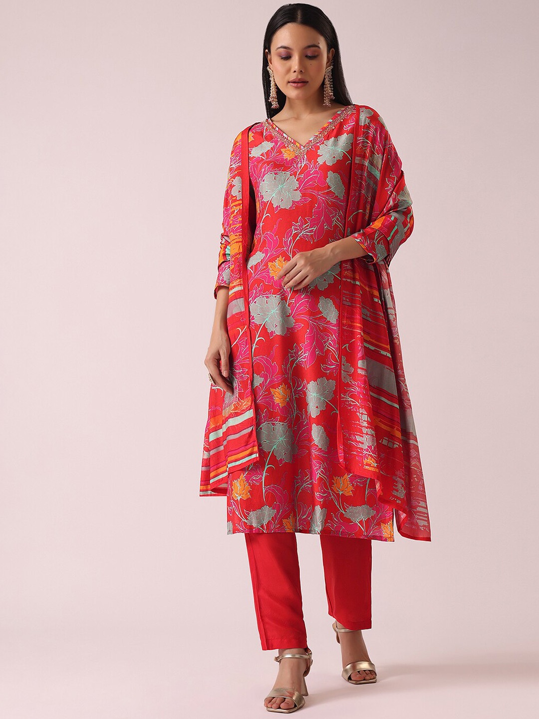 

KALKI Fashion Floral Printed Beads and Stones A-Line Kurta With Trousers & Dupatta, Red