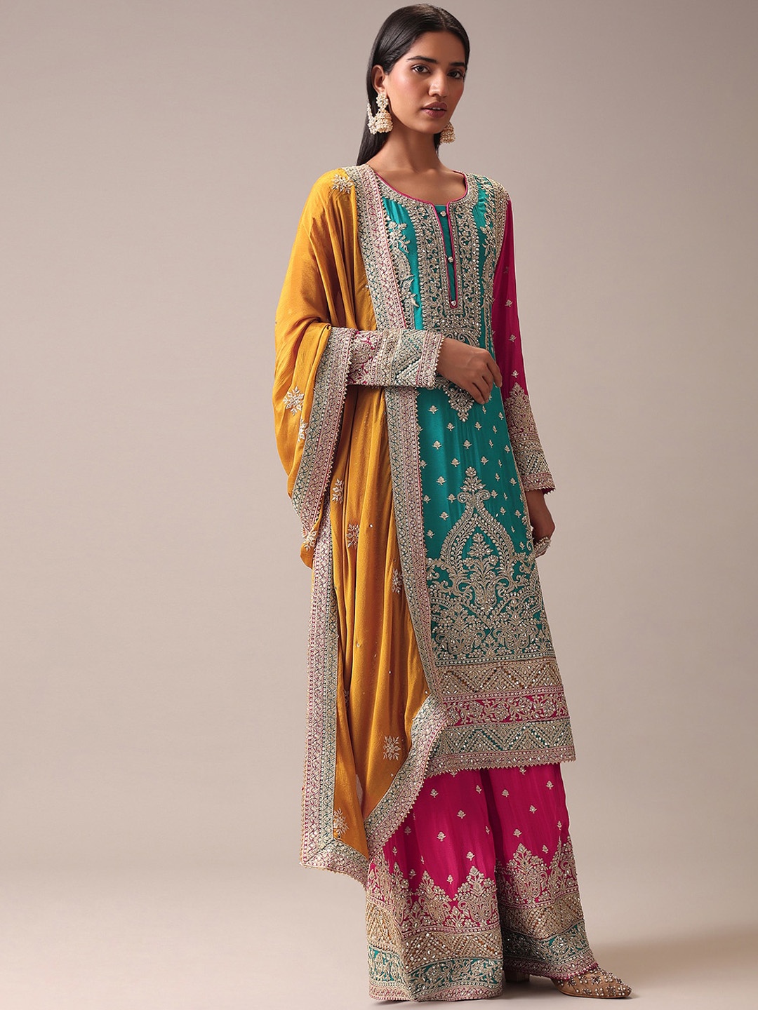 

KALKI Fashion Ethnic Motifs Embroidered Sequinned Kurta With Palazzos & Dupatta, Blue