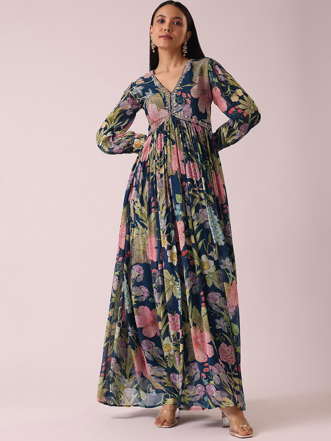 

KALKI Fashion Floral Printed Embellished Ethnic Maxi Dress, Blue