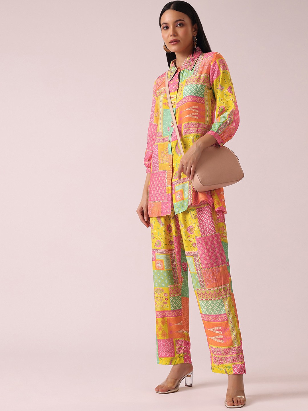 

KALKI Fashion Printed Shirt Collar Shirt With Trousers, Yellow