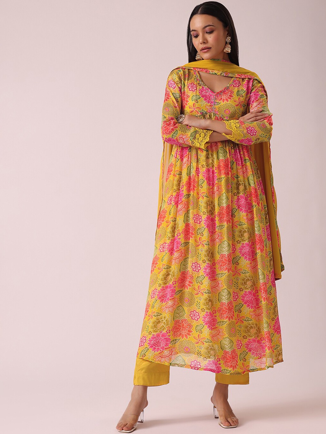 

KALKI Fashion Floral Printed V-Neck Anarkali Kurta With Trousers & Dupatta, Yellow