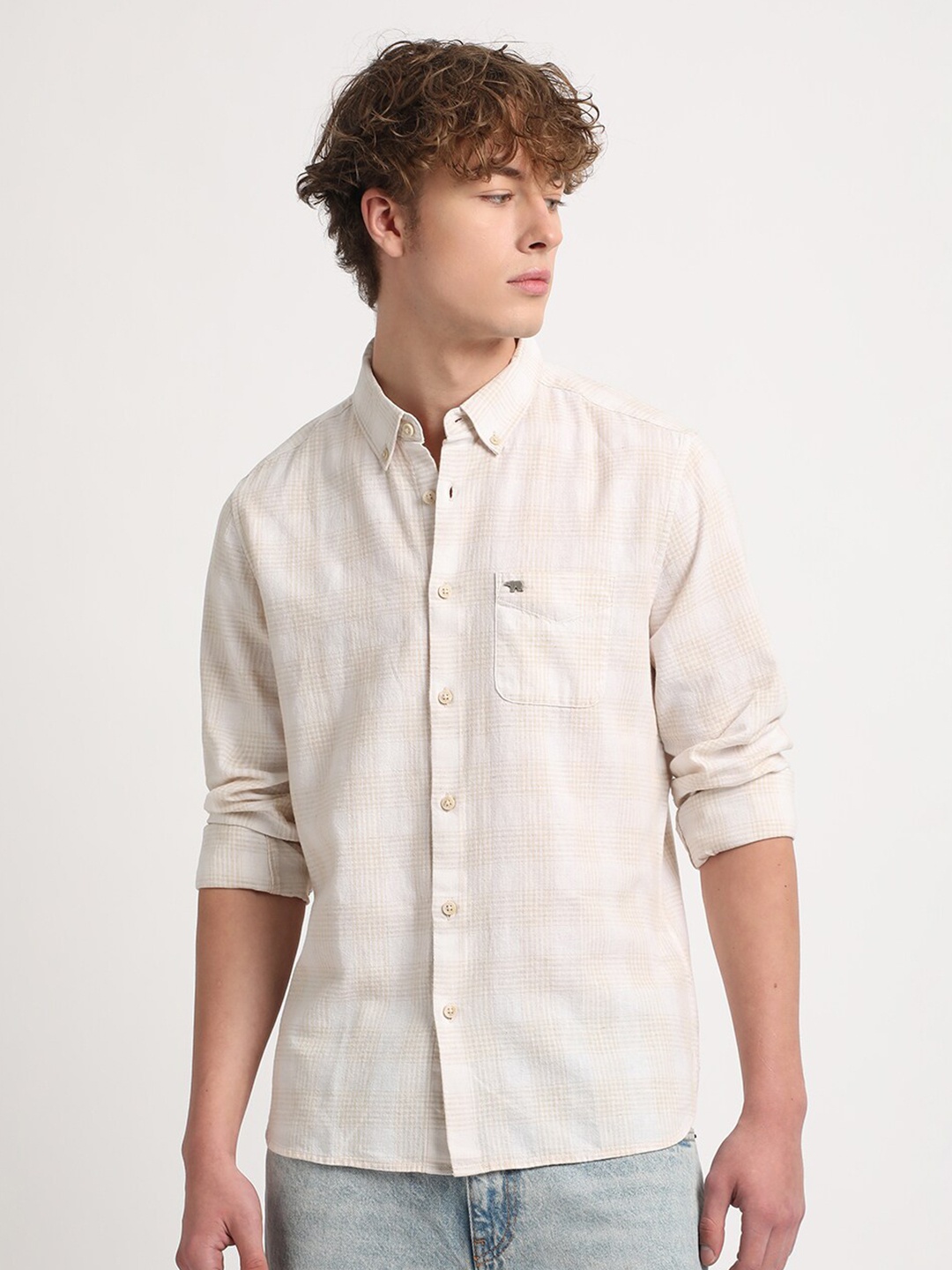 

THE BEAR HOUSE Slim Fit Opaque Checked Casual Shirt, Beige