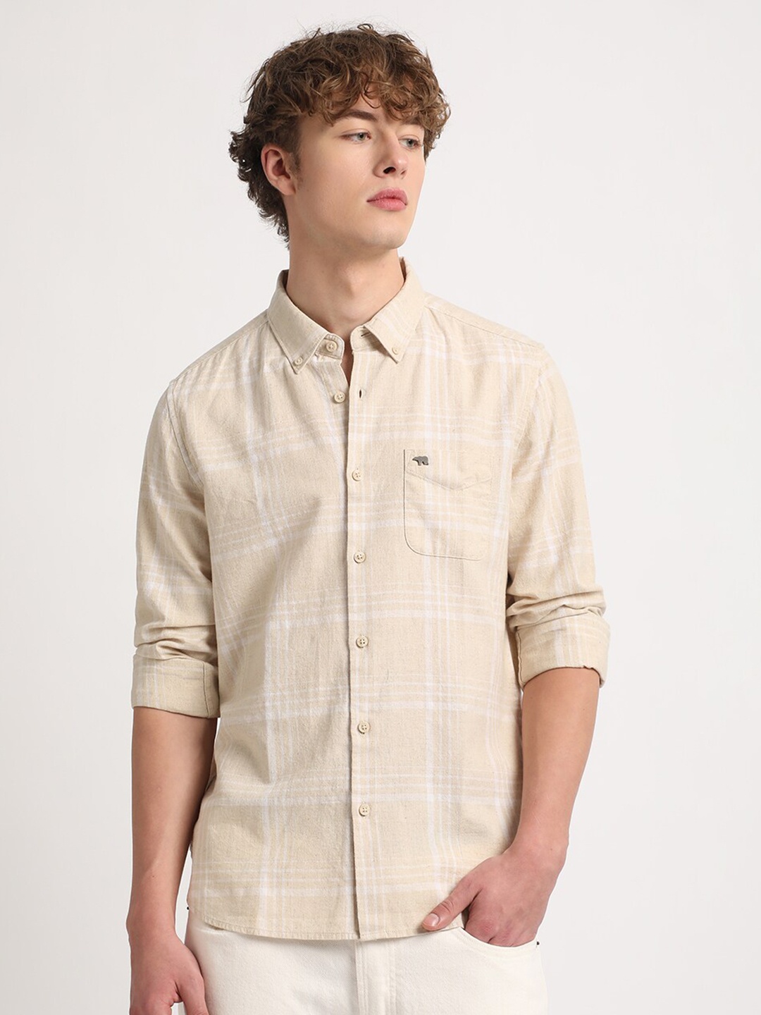 

THE BEAR HOUSE Slim Fit Opaque Checked Casual Shirt, Beige