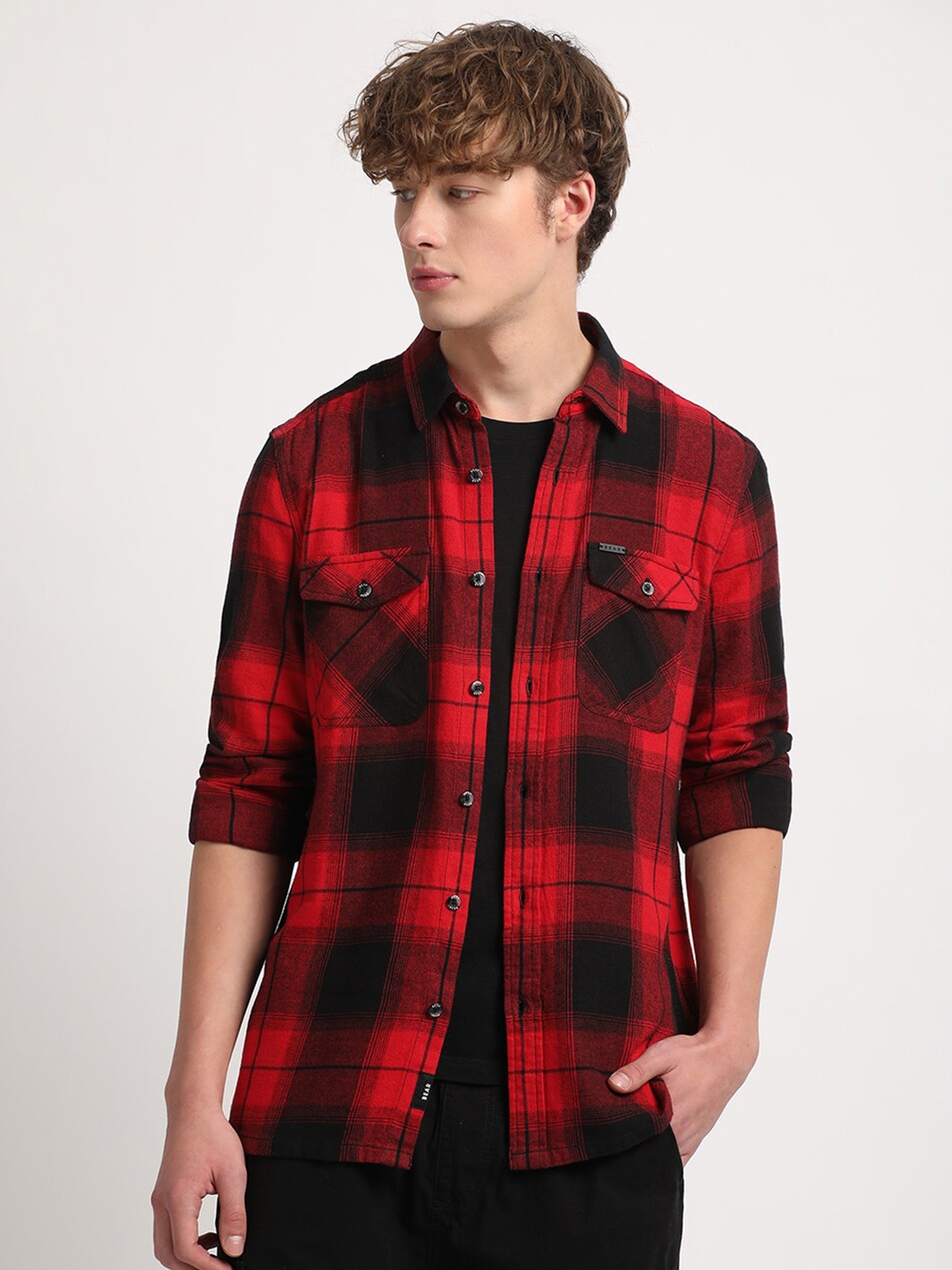 

THE BEAR HOUSE Slim Fit Tartan Checks Opaque Checked Casual Shirt, Red