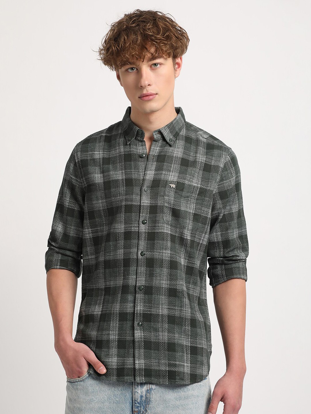 

THE BEAR HOUSE Tartan Checked Slim Fit Pure Cotton Casual Shirt, Green