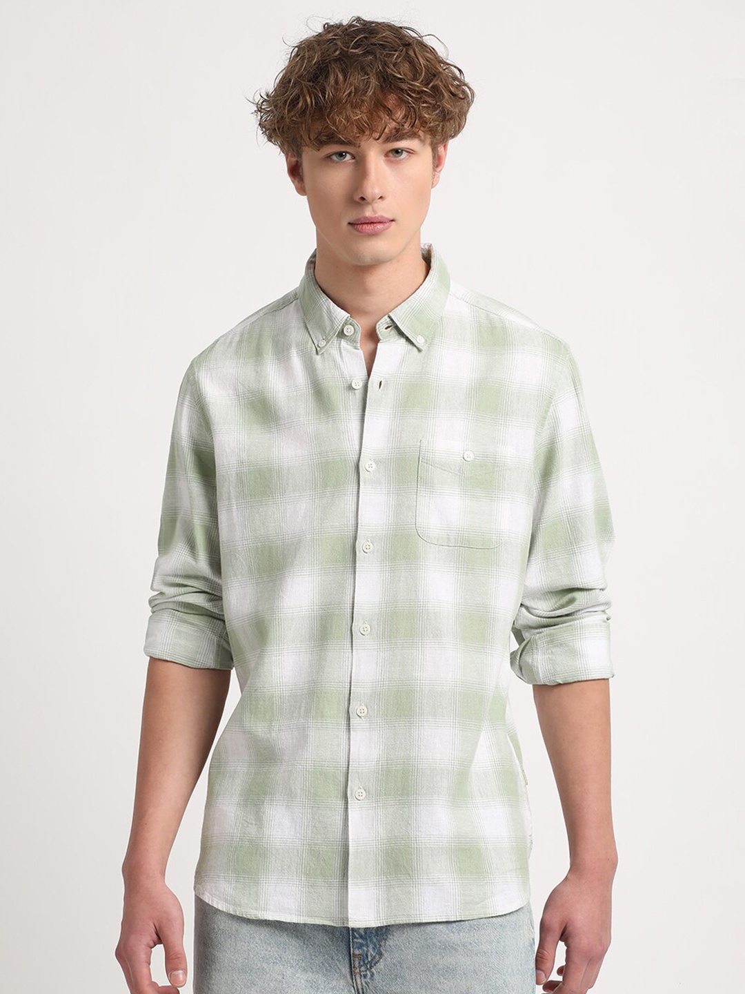 

THE BEAR HOUSE Slim Fit Checked Cotton Linen Casual Shirt, Green