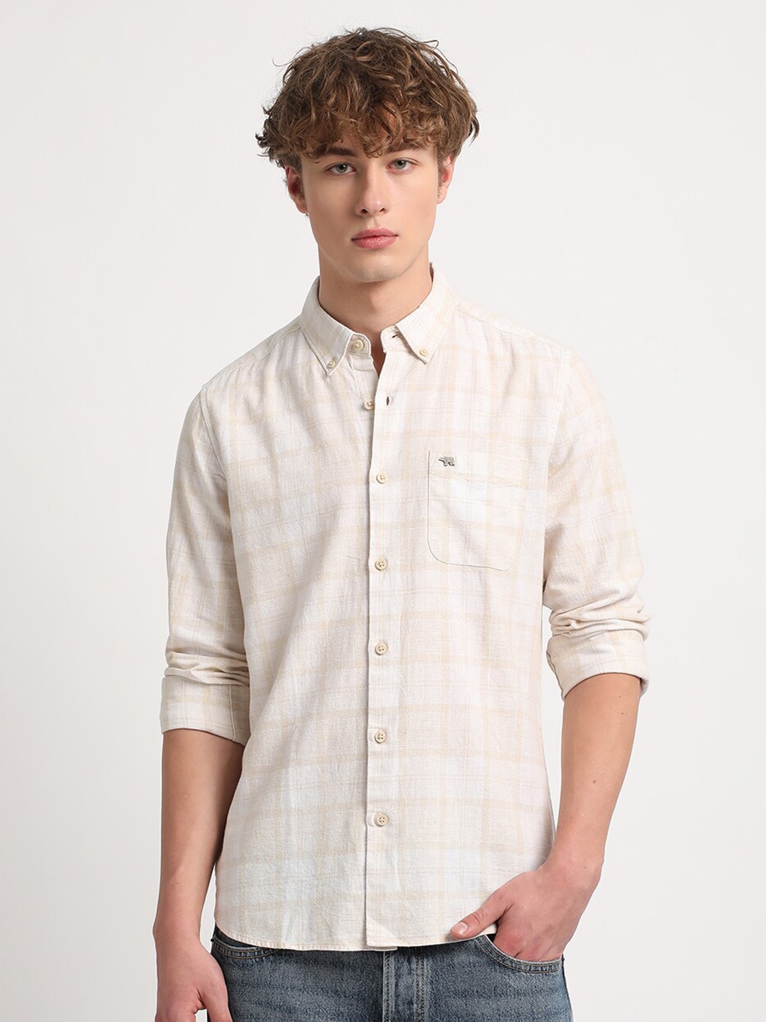 

THE BEAR HOUSE Slim Fit Checked Cotton Linen Casual Shirt, Beige