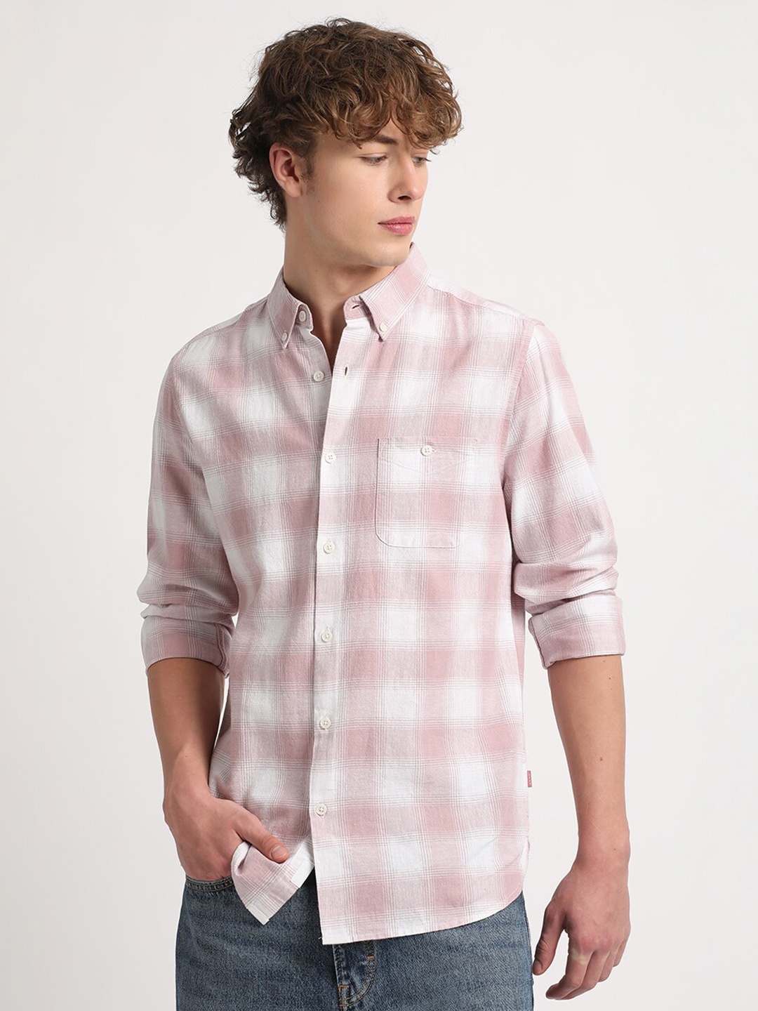 

THE BEAR HOUSE Slim Fit Checked Cotton Linen Casual Shirt, Pink