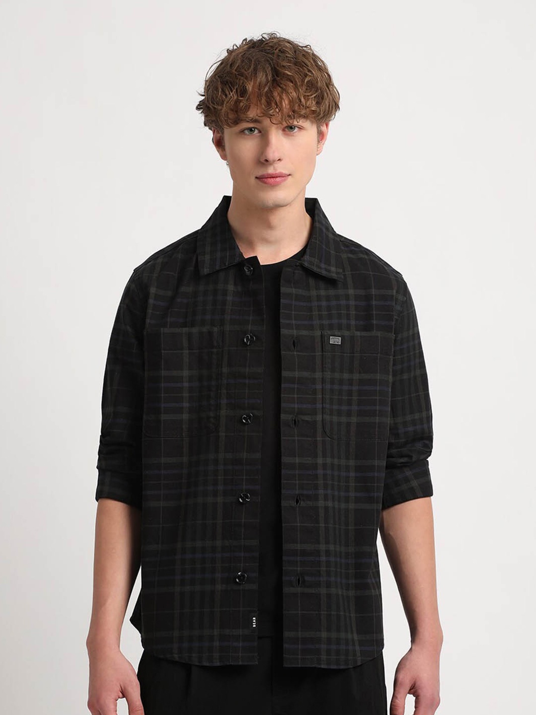 

THE BEAR HOUSE Men Checked Regular Fit Cotton Shacket, Black