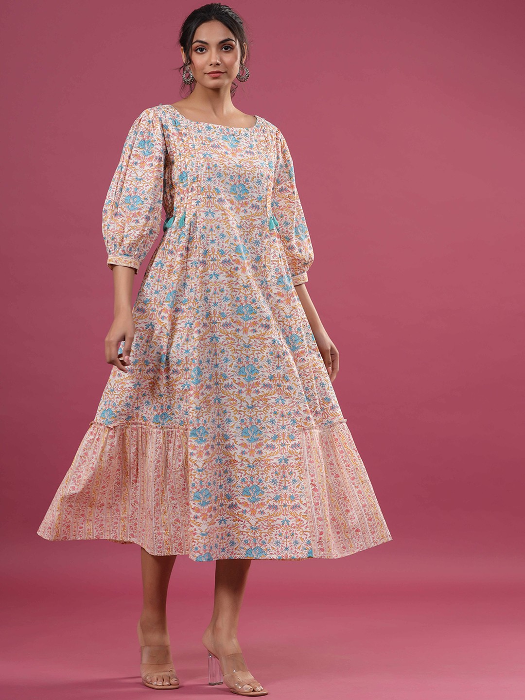 

Prakhya Floral Printed Cotton A-Line Midi Dress, Off white
