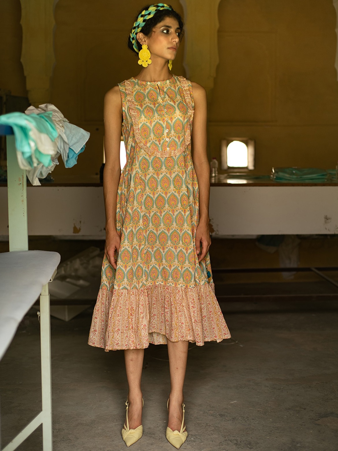 

Prakhya Ethnic Motifs Printed Cotton A-Line Midi Dress, Off white