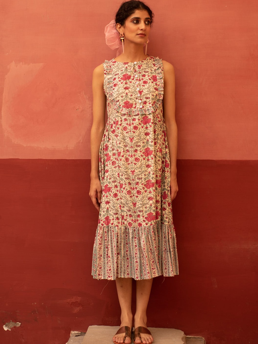 

Prakhya Floral Printed Cotton A-Line Midi Dress, Off white