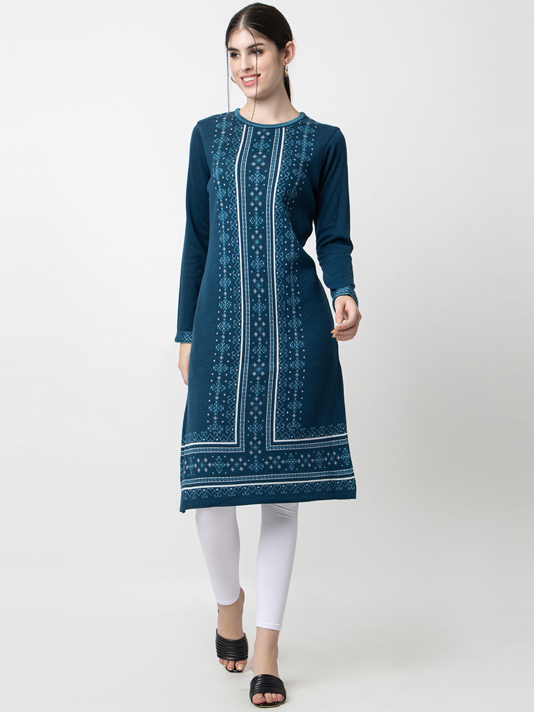 

KEIKO Woven Design Round Neck Acrylic Regular Kurta, Blue
