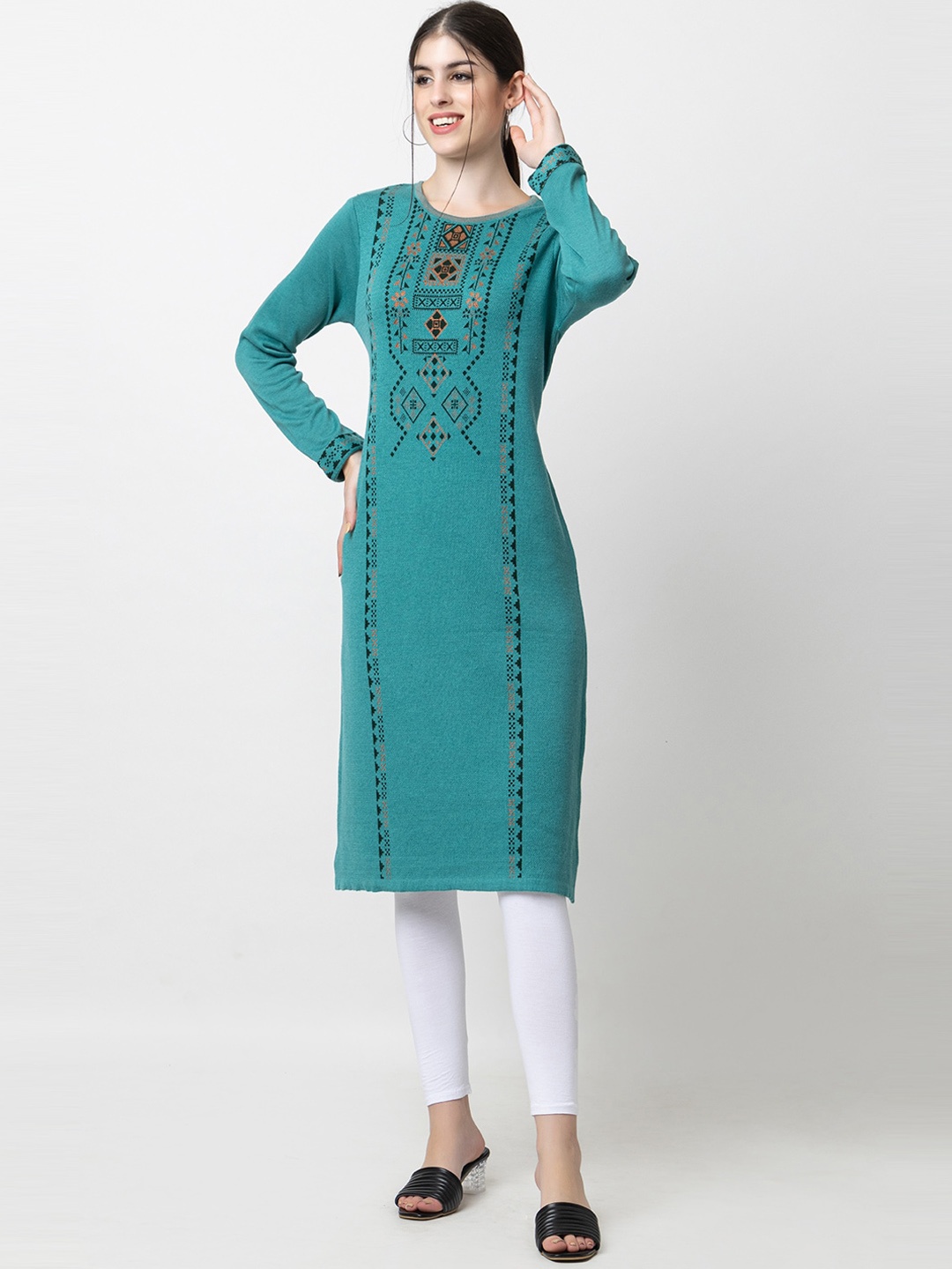 

KEIKO Woven Design Round Neck Acrylic Regular Kurta, Green