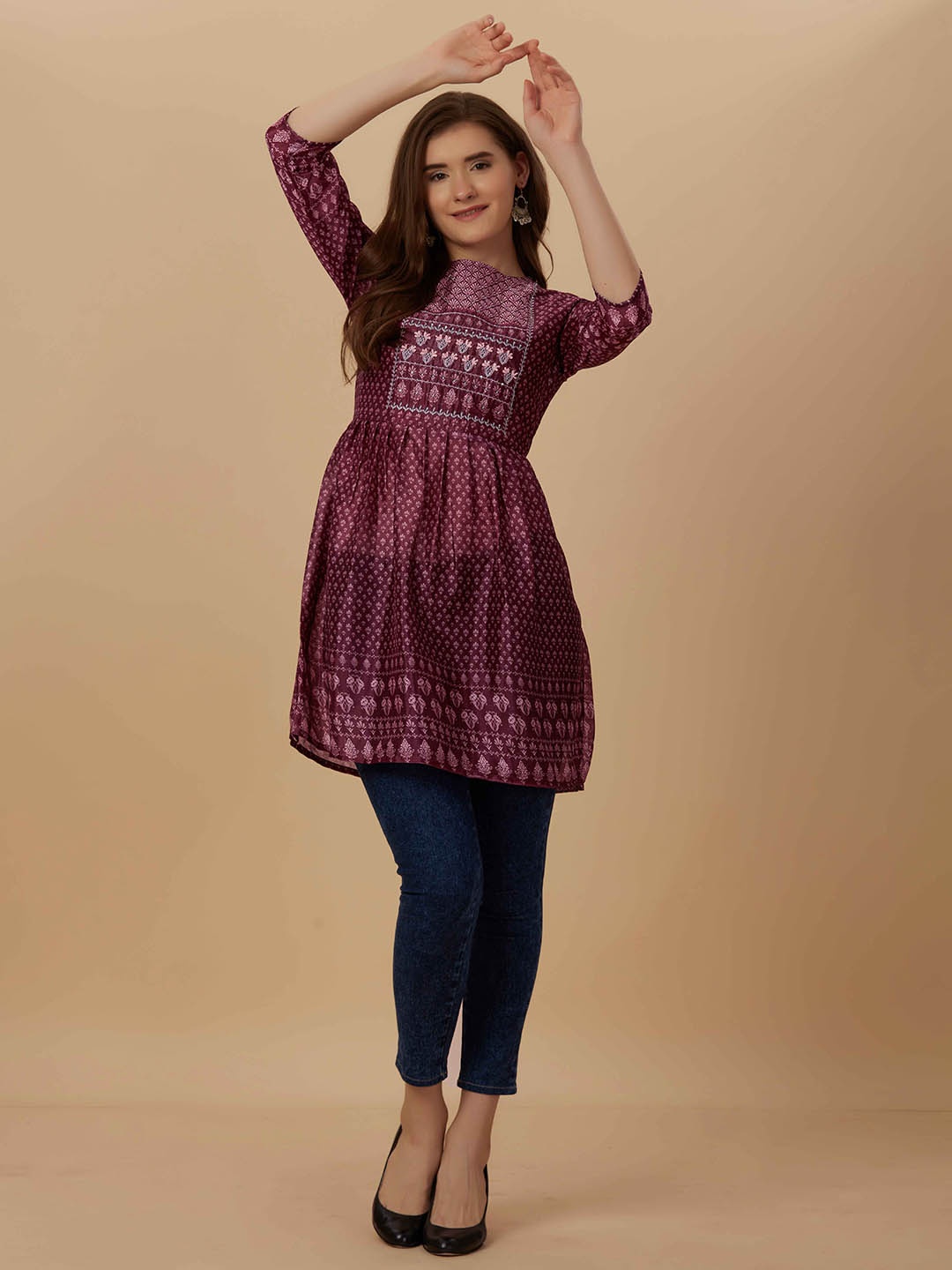 

WORIVOC Floral Printed Sequinned Details Kurti, Purple