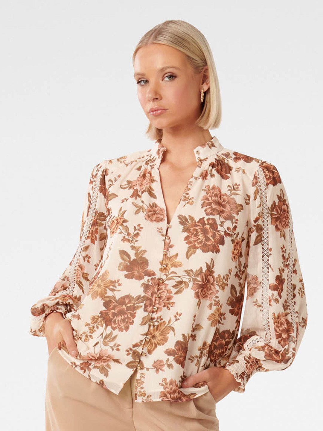 

Forever New Floral Printed Mandarin Collar Puff Sleeves Shirt Style Top, Beige