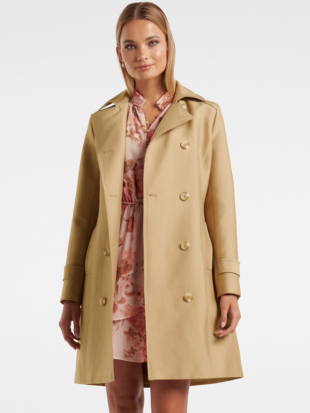 

Forever New Double Breasted Notched Lapel Tailored-fit Trench Coat, Beige