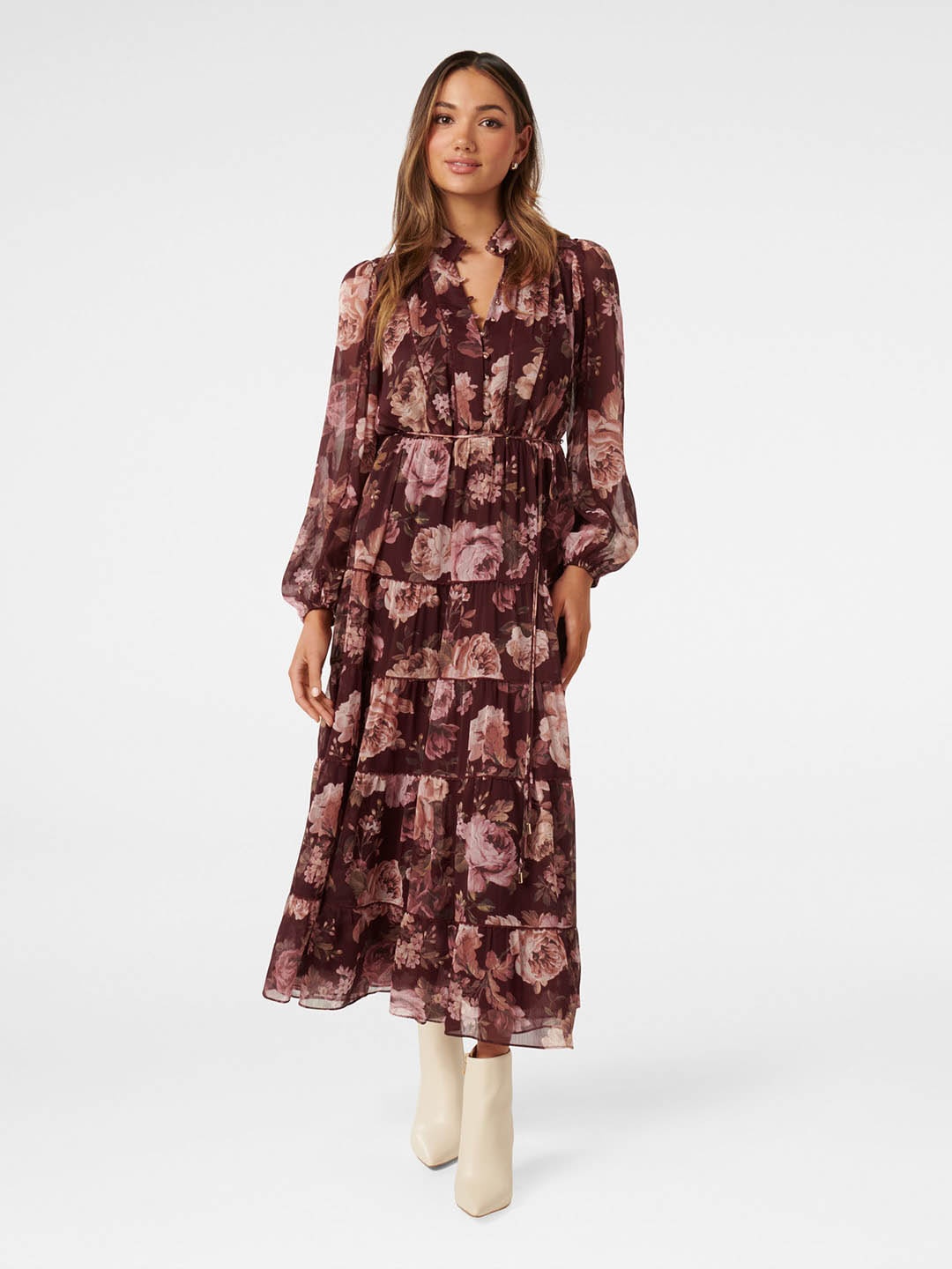 

Forever New Floral Printed A-Line Maxi Dress, Burgundy