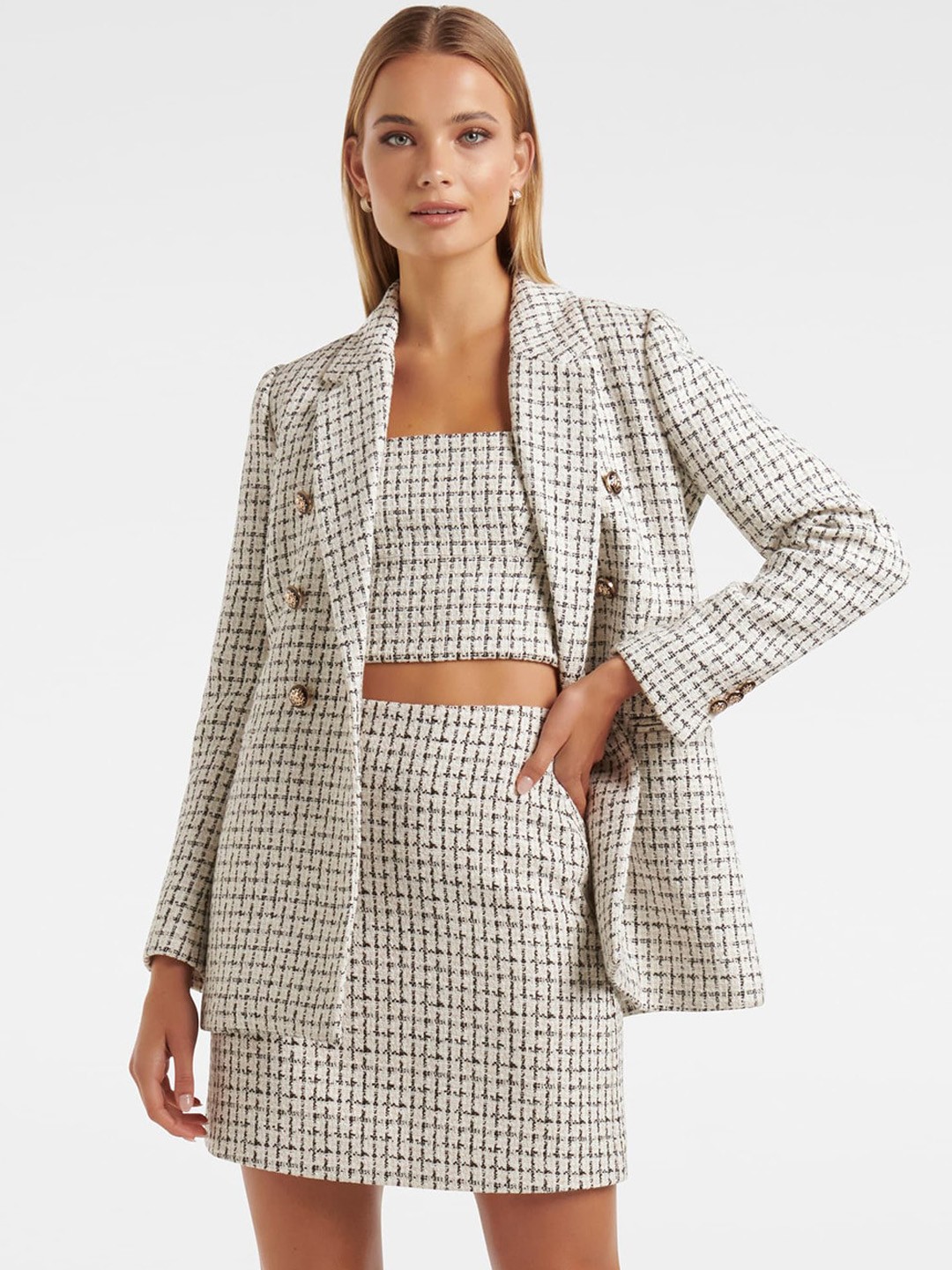 

Forever New Shawl Collar Checked Longline Tailored Jacket, White