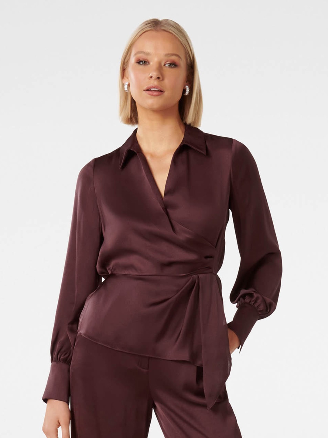 

Forever New Shirt Collar Cuffed Sleeves Waist Tie-Ups Top, Maroon