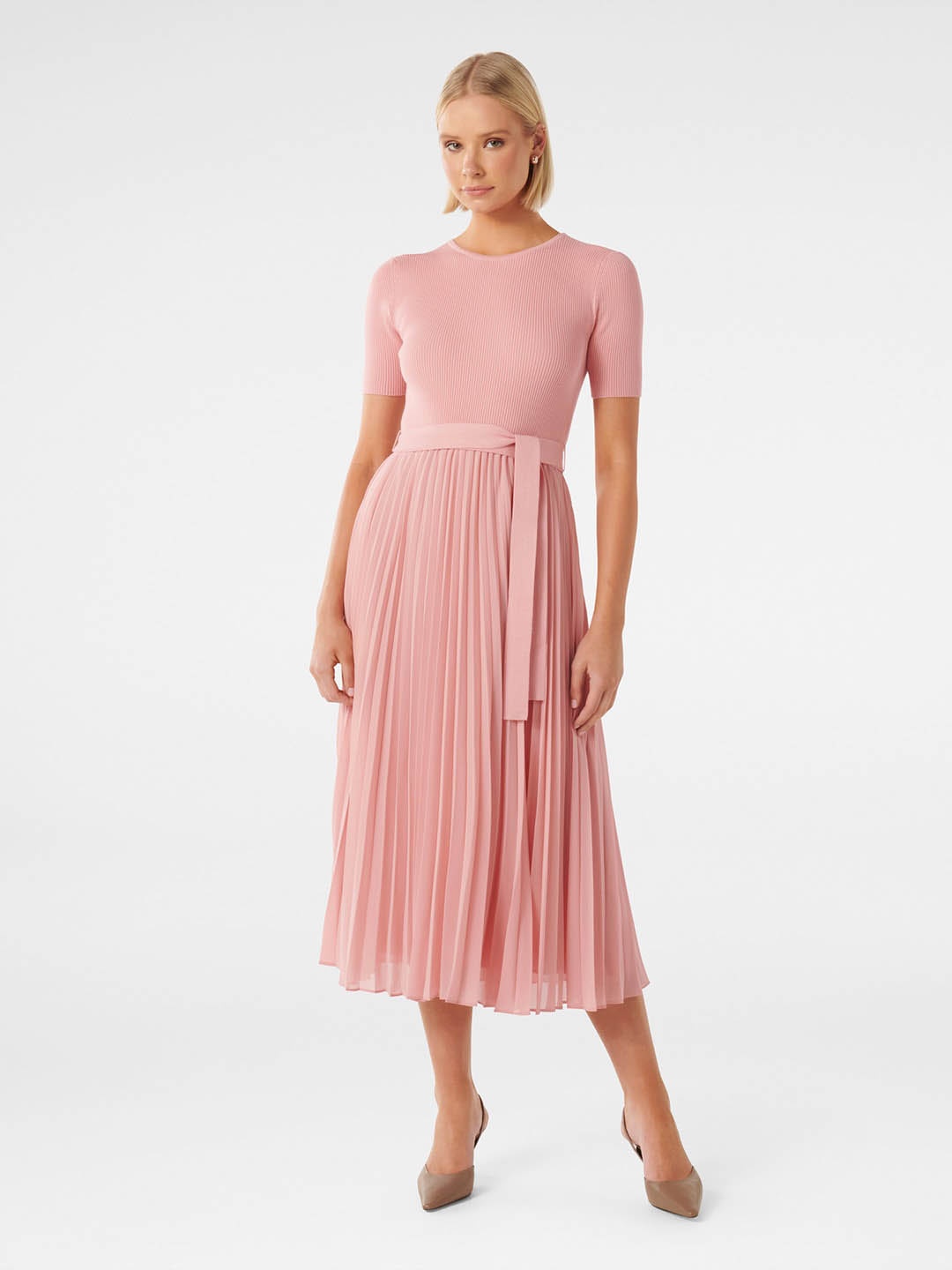 

Forever New Round Neck Fit & Flare Midi Dress, Pink