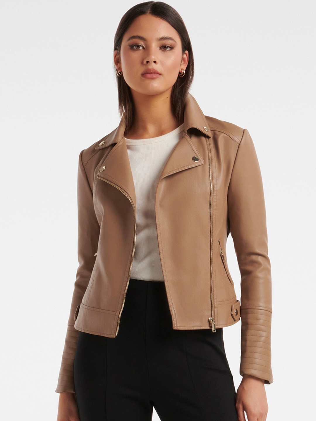 

Forever New Spread Collar Crop Biker Jacket, Brown