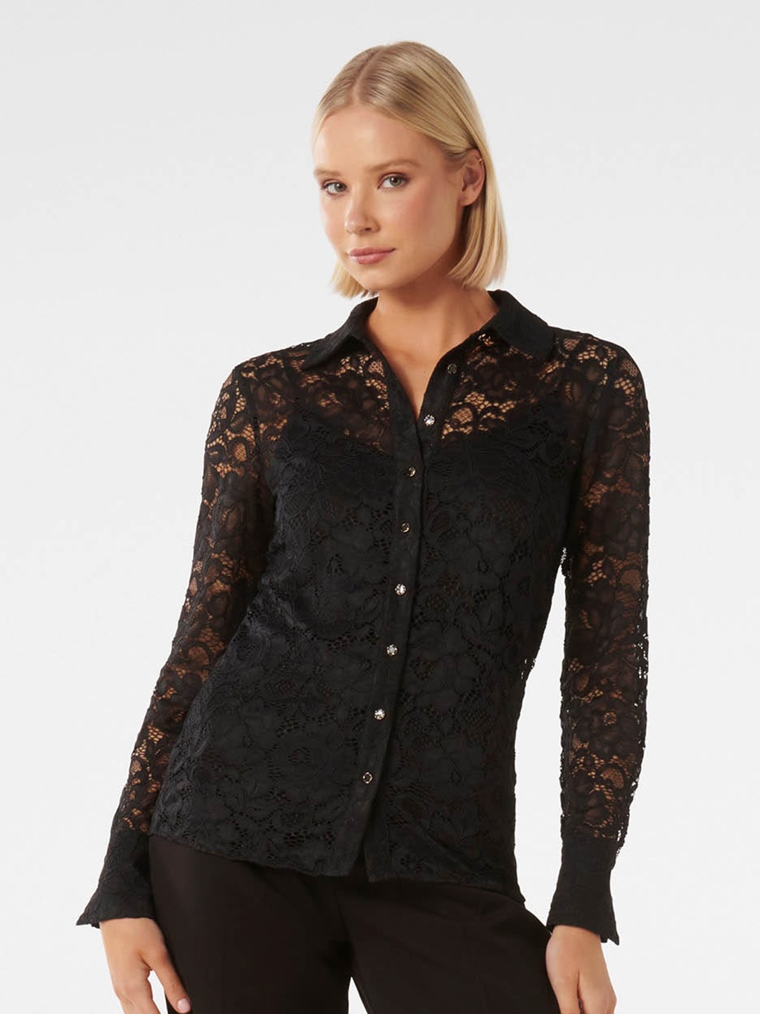 Forever New Floral Self Designed Sheer Casual Shirt, Black
