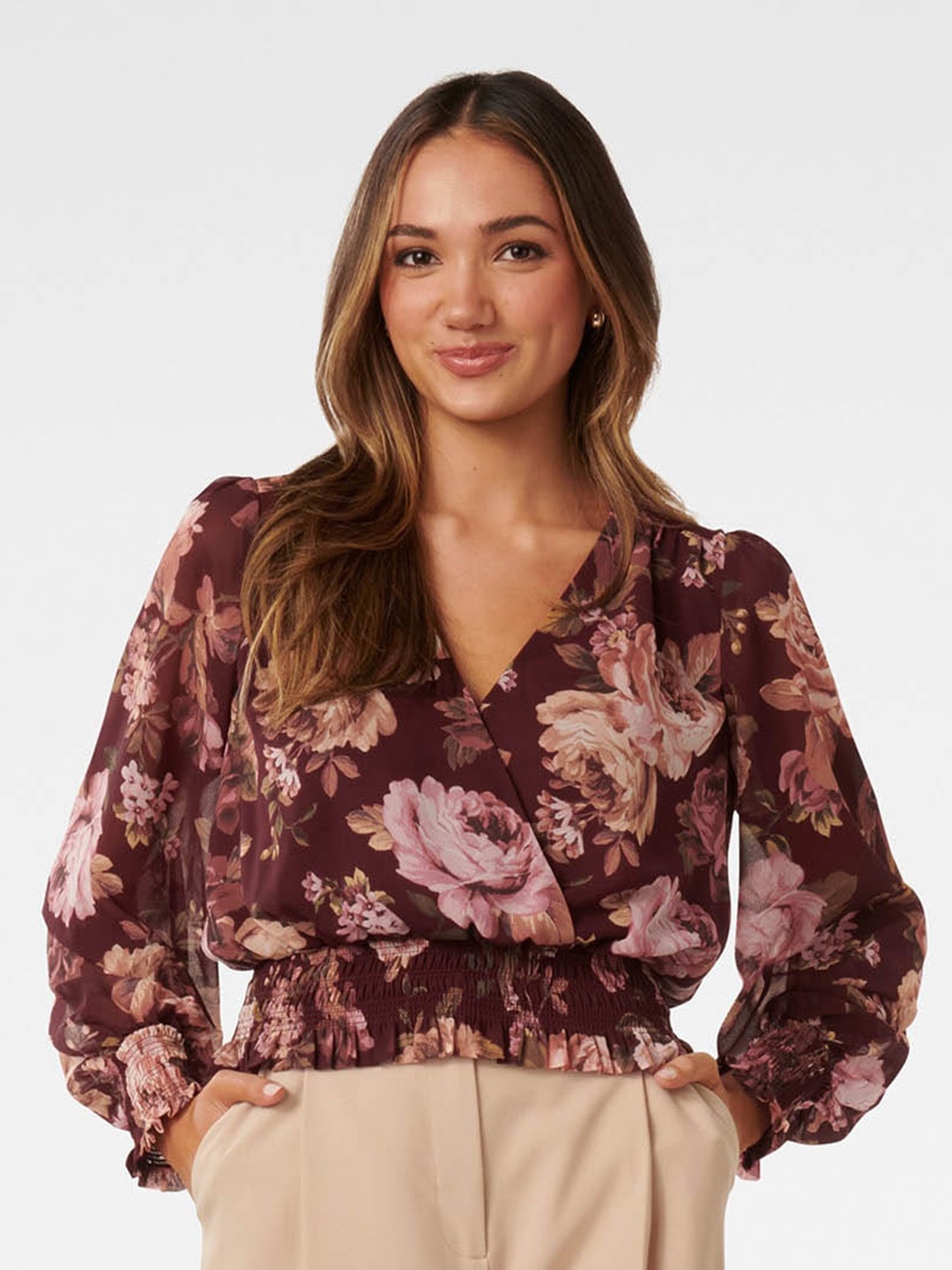 

Forever New Floral Printed V-Neck Puff Sleeves Wrap Top, Brown
