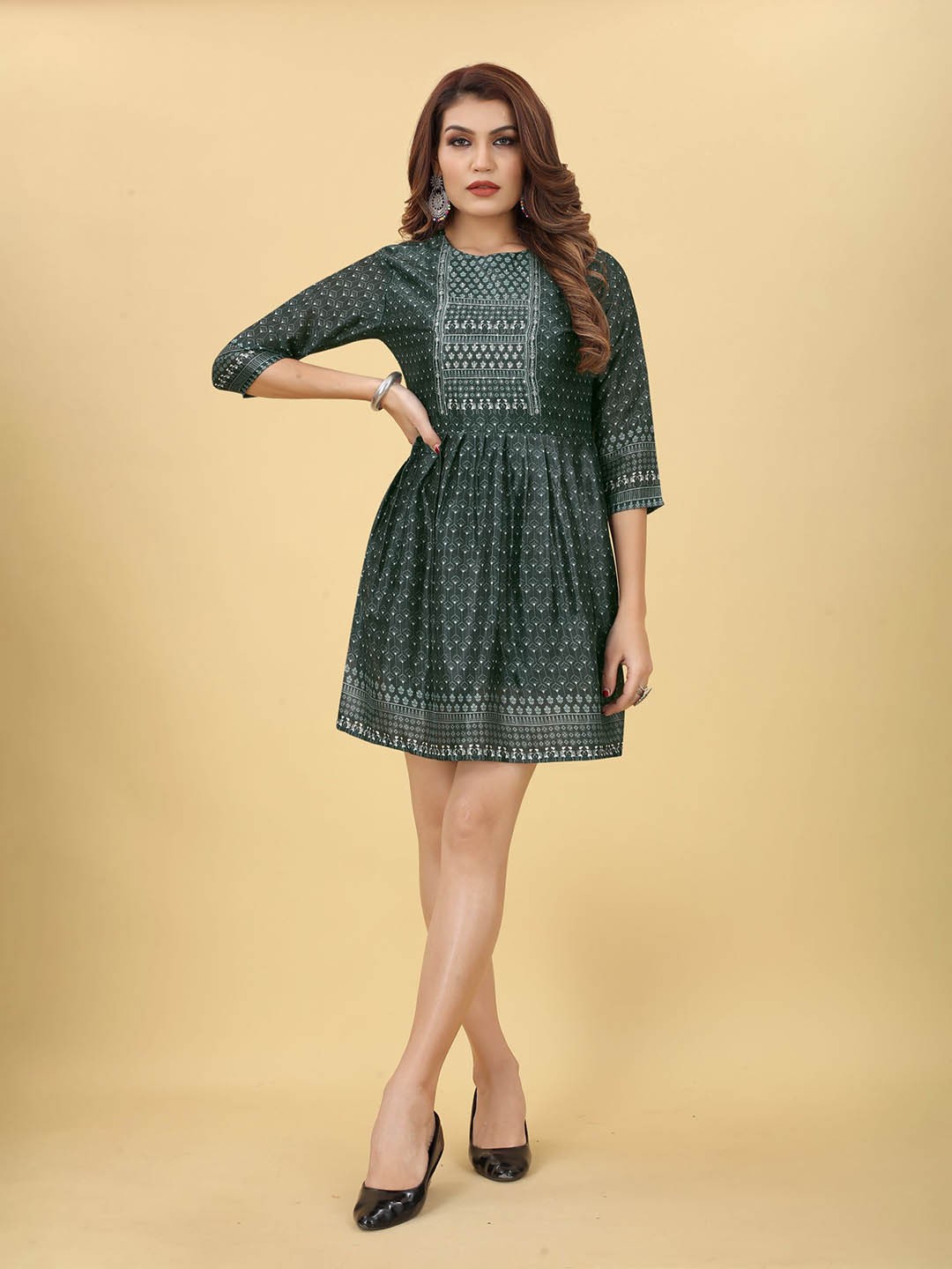 

WORIVOC Ethnic Motif Printed Sequinned Details Ethnic Dress, Green