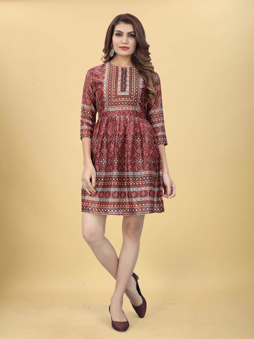 

WORIVOC Ethnic Motif Printed Sequinned Details Ethnic Dress, Maroon