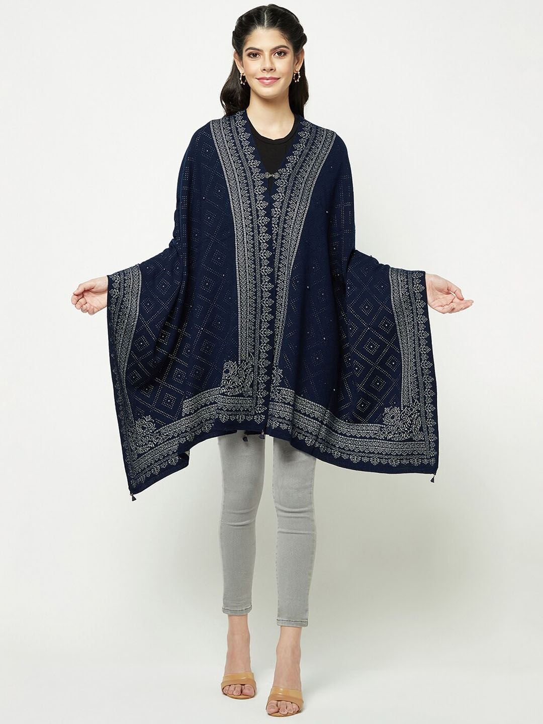 

Knitstudio Ethnic Motifs Woven Design Knitted Acrylic Stole, Navy blue