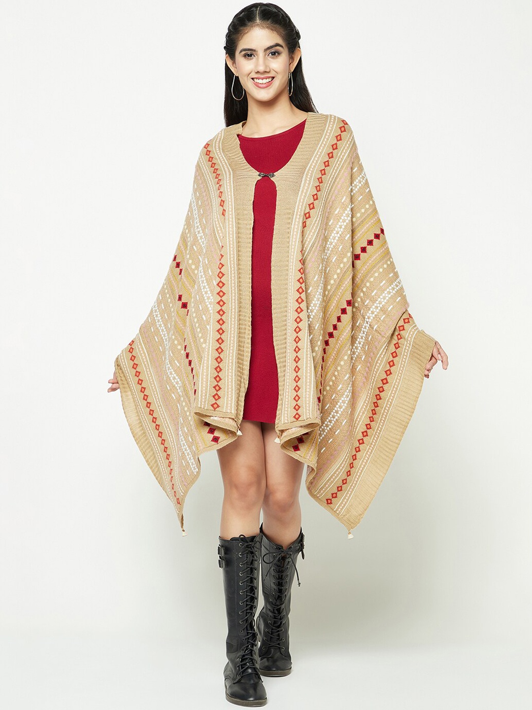 

Knitstudio Woven Design tasselled Border Acrylic Stole, Beige