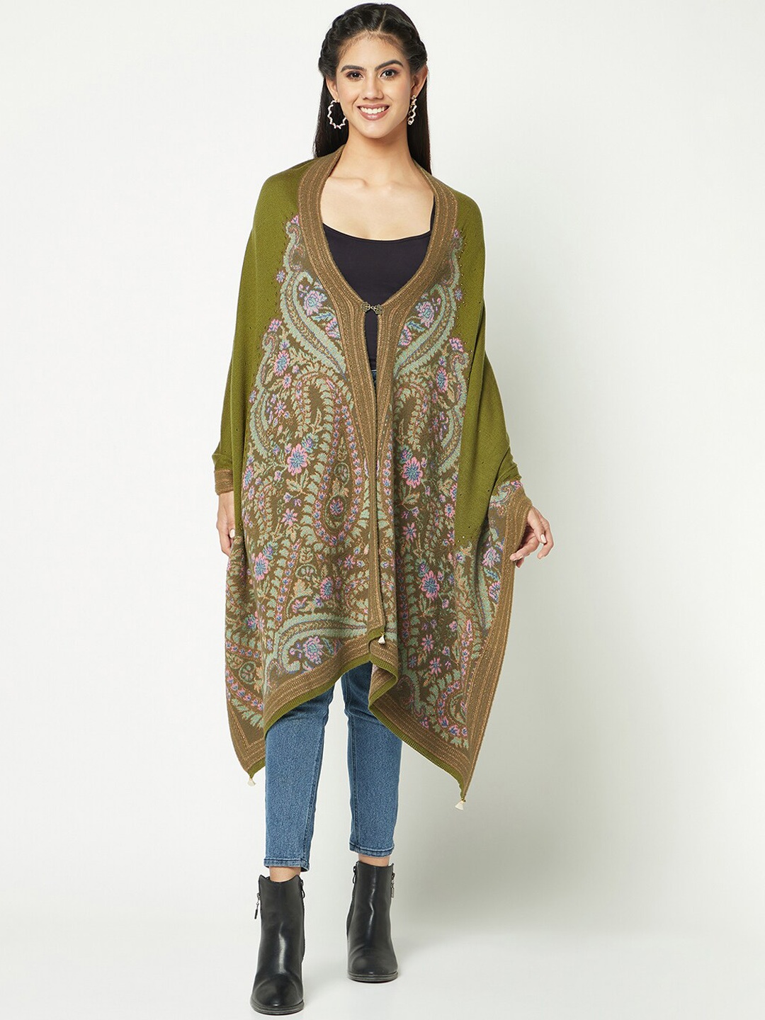 

Knitstudio Ethnic Motifs Woven Design Acrylic Stole, Olive