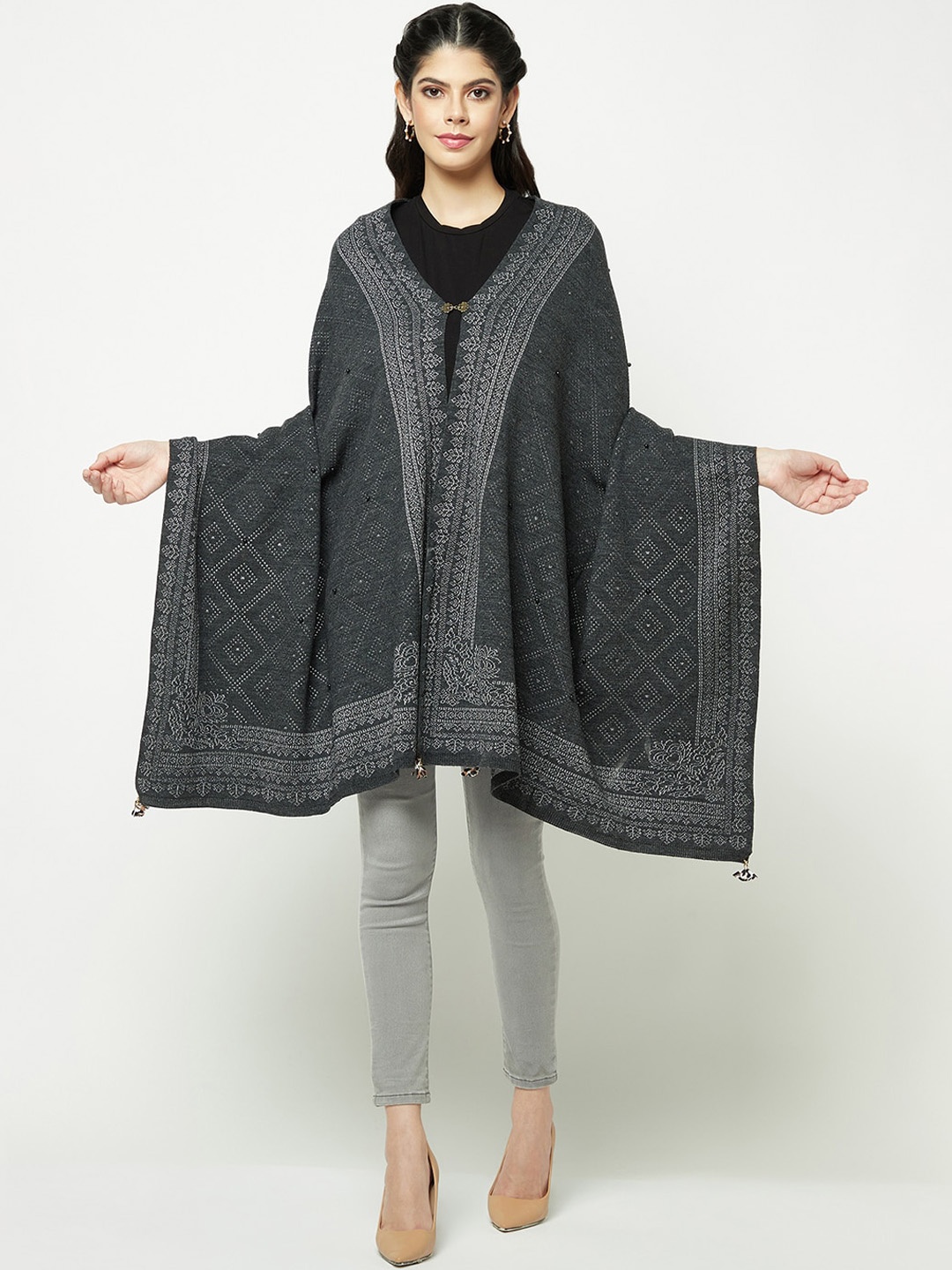 

Knitstudio Floral Woven Design Acrylic Stole, Grey
