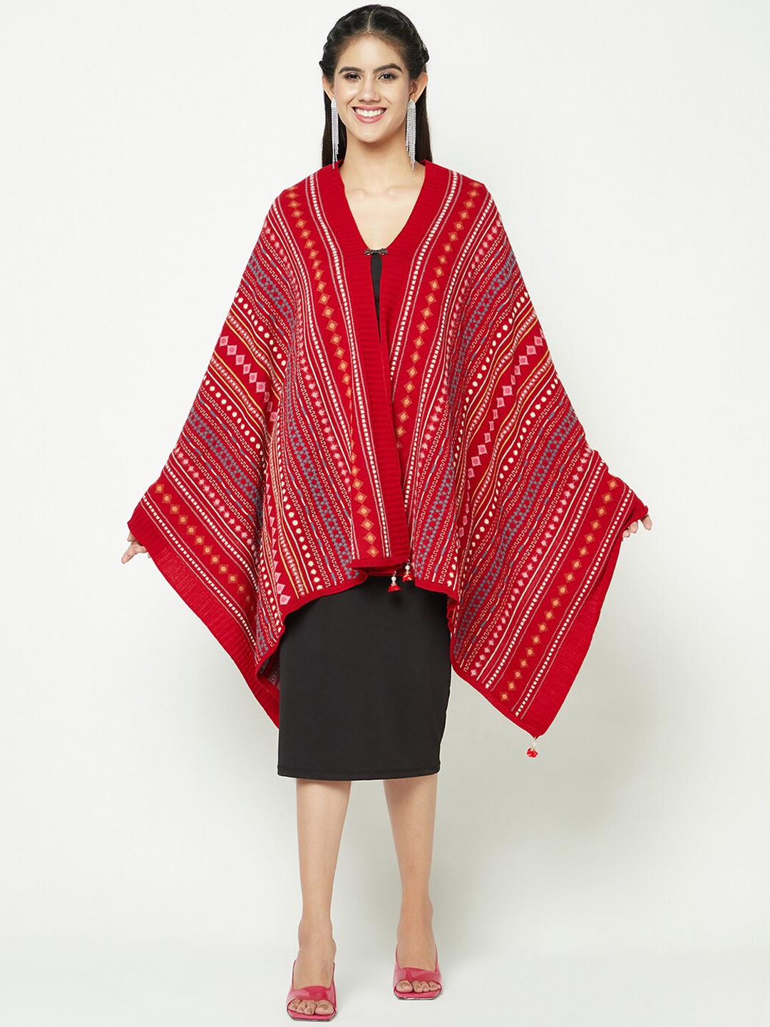 

Knitstudio Ethnic Motifs Woven Design Acrylic Stole, Red