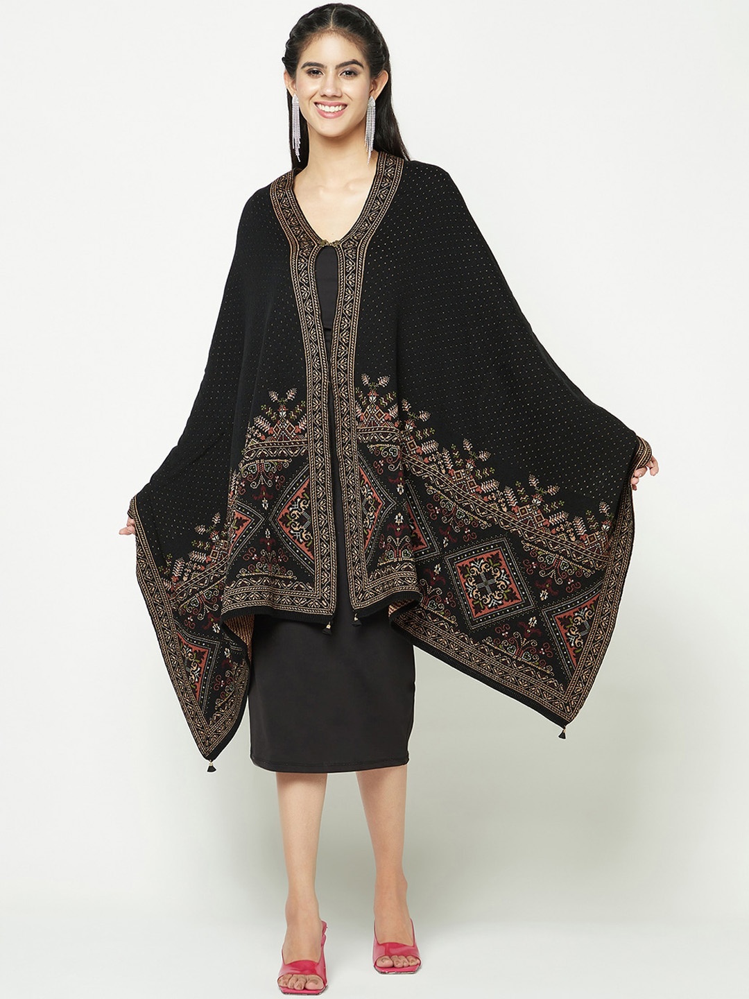 

Knitstudio Ethnic Motif Woven Design Stole, Black