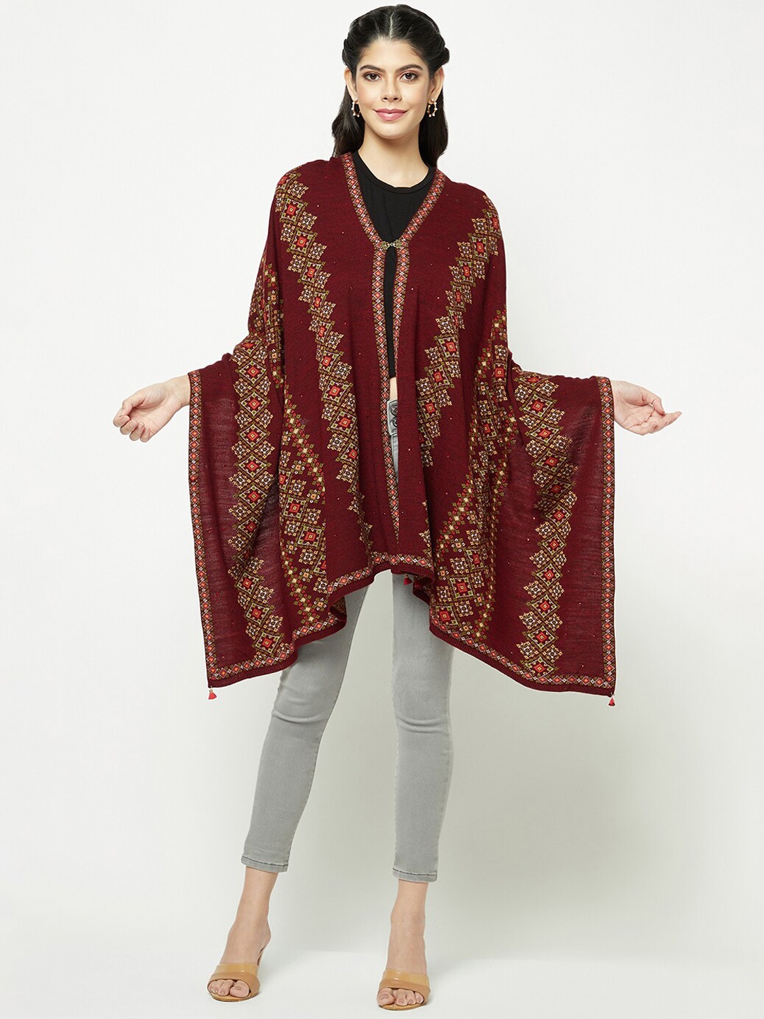 

Knitstudio Ethnic Motifs Self Design Acrylic Stole, Maroon