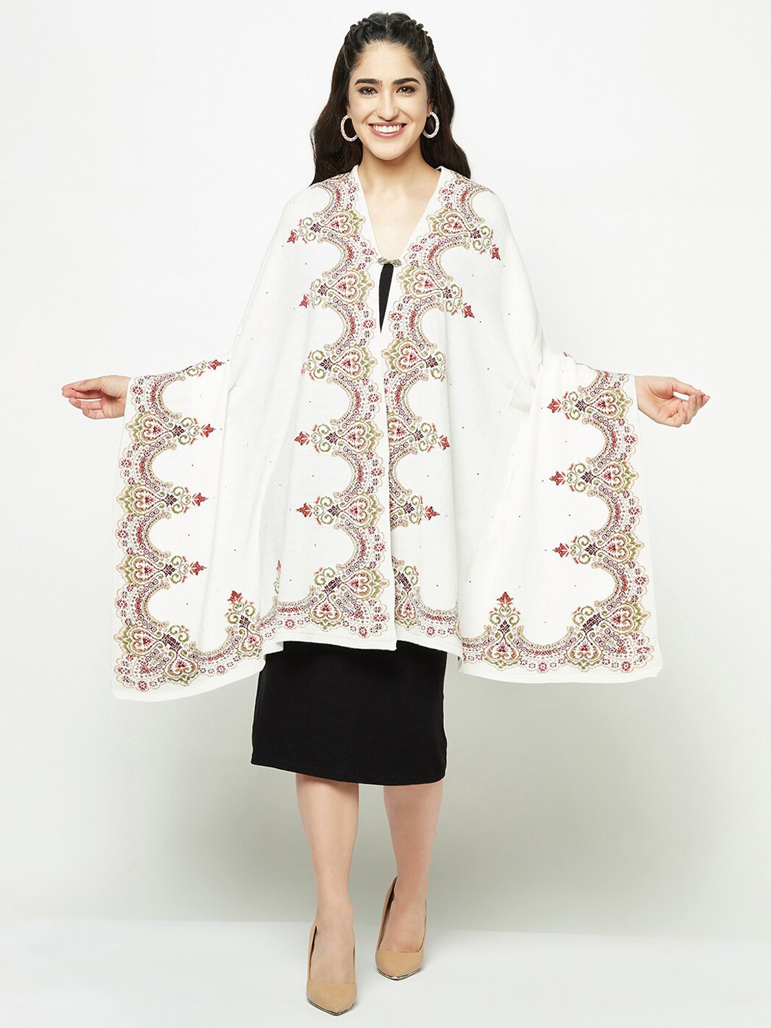 

Knitstudio Ethnic Motifs Embroidered Acrylic Stole, White
