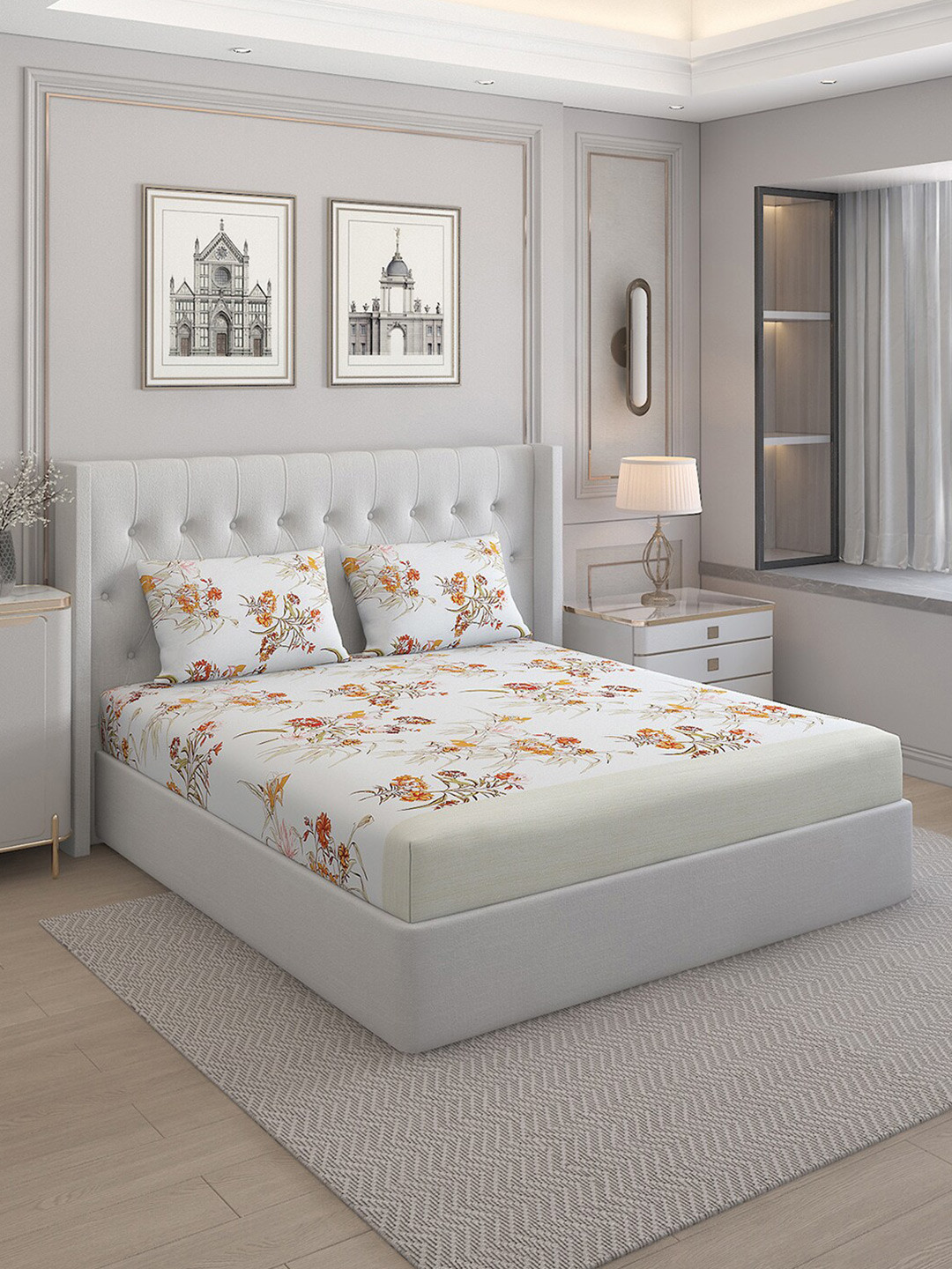 

Monte Carlo Cherish Cream Printed Cotton 144 TC Queen Bedsheet with 2 Pillow Covers
