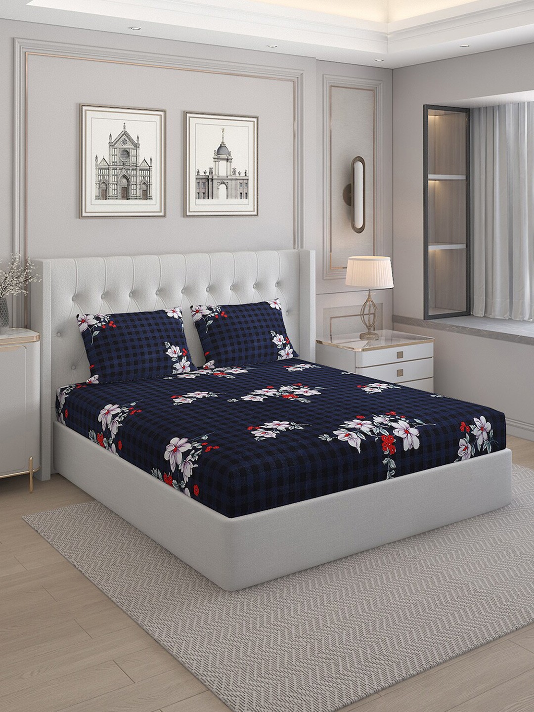 

Monte Carlo Fashnik Navy Blue & White Printed 144 TC Queen Bedsheet with 2 Pillow Covers