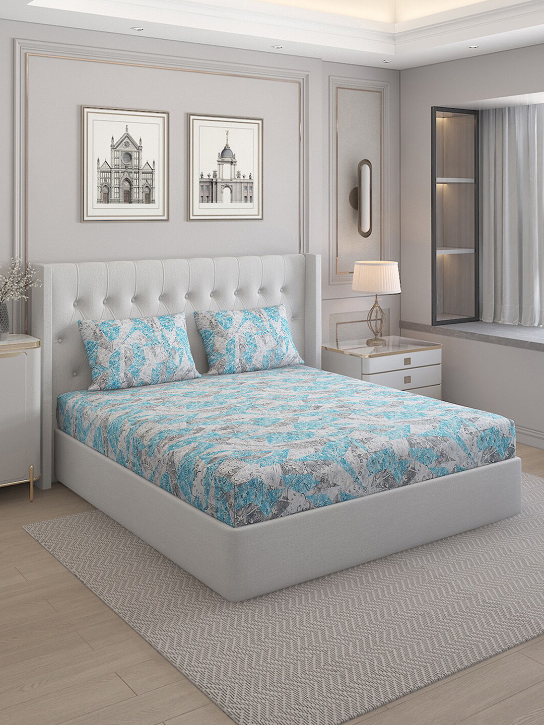 

Monte Carlo Cherish Blue Printed Cotton 144 TC Queen Bedsheet with 2 Pillow Covers