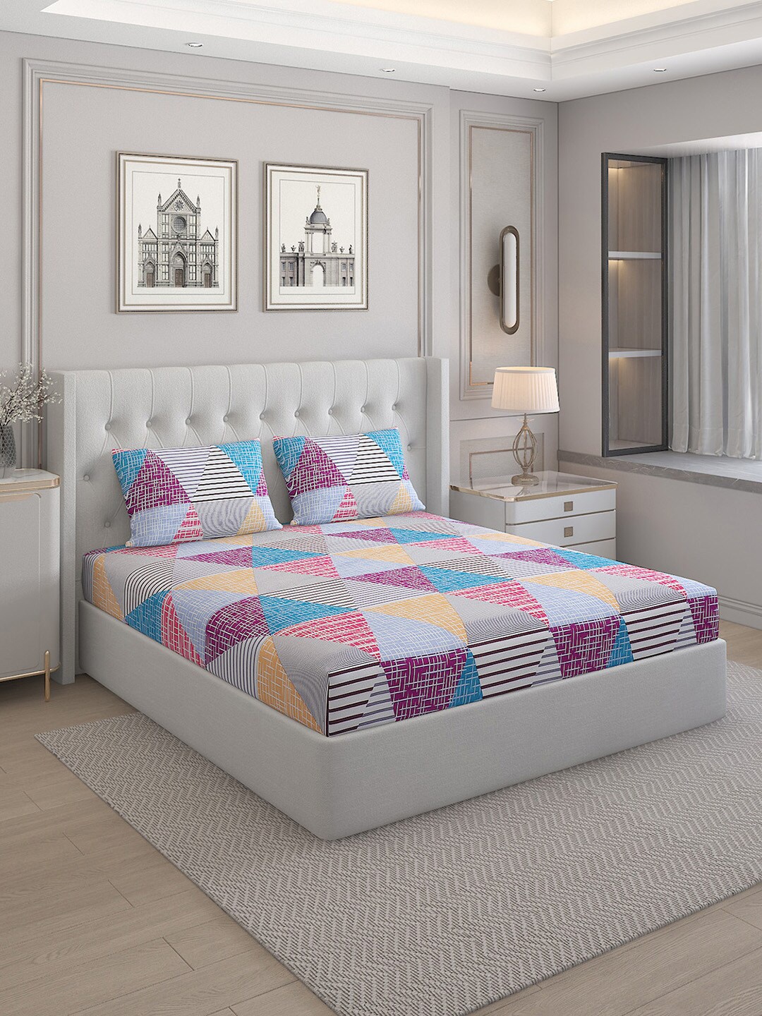 

Monte Carlo Fashnik Grey & Blue Geometric 144 TC Queen Bedsheet with 2 Pillow Covers