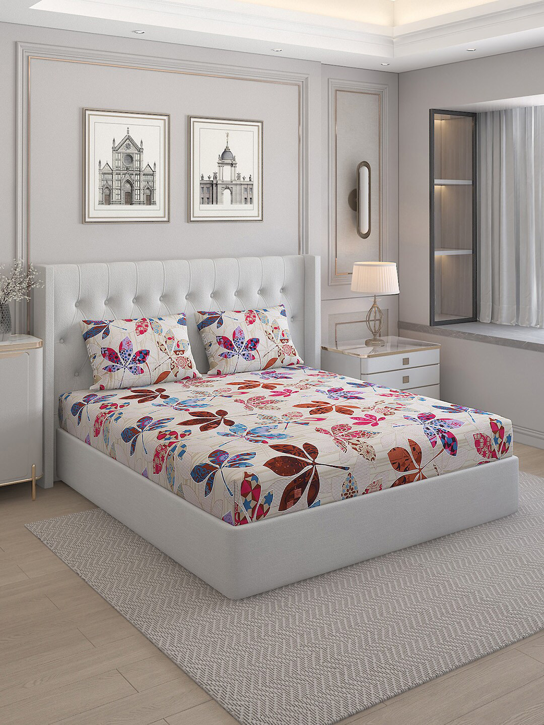

Monte Carlo Fashnik Beige & Blue Floral 144 TC Queen Bedsheet with 2 Pillow Covers